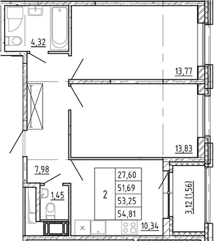 2-комнатная квартира 51.69 м², 9/12 эт., ЖК «Полис Новоселье»